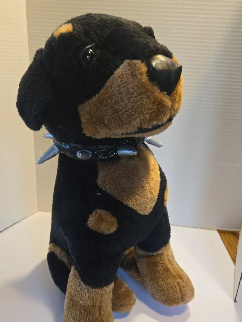 Plush Doberman Dog Toy in Black and Brown with Spike Collar
